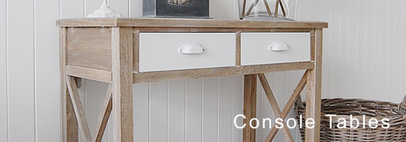 The White Lighthouse Console Tables, a grey and white console table available with drawers