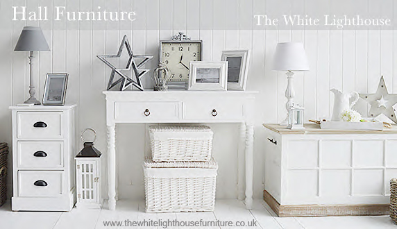 Hall Storage Furniture, console tables, cabinets lamp table with drawers and baskets for storage from the White Lighthouse