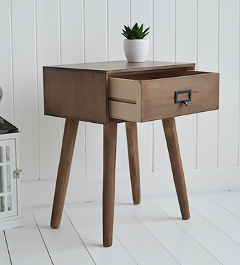 Shows The Henley Scandi style lamp table with the drawer open on its runners