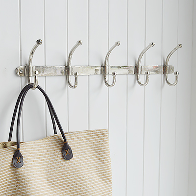 Silver Coat Hooks for New England style hallway furniture