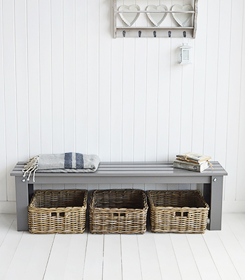 Kittery grey bench for hallway furniture with baskets for underneath storage