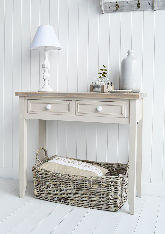 Kittery Pebble Grey Console Hall Table with two drawers. Shown here with a grey basket for extra storage