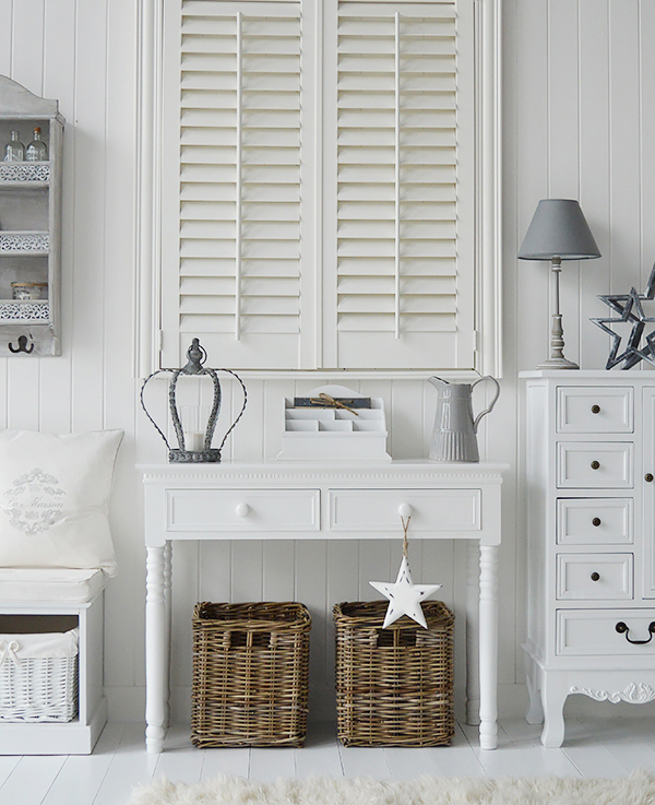 The White Lighthouse hallway console table. New England furniture and table for pure white interiors and decor for hallway furniture and living room design. Coastal, country and city home interiors. Free delivery UK