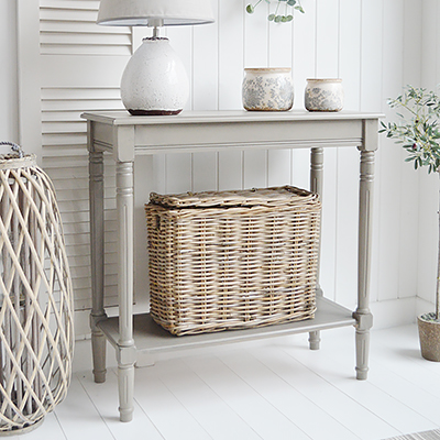 Newport French Grey narrow hall console table with a shelf. Suitable furniture for all New England country, coastal, modern farmhouse and Hamptons styled homes from The White Lighthouse. Hallway and living room furniture