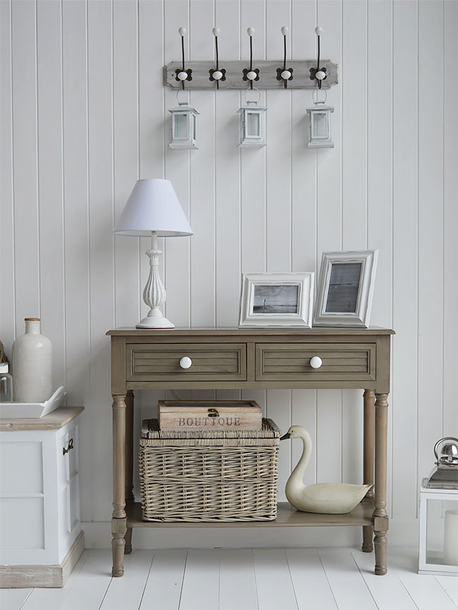 Newport French Grey Console Table with drawers and shelf for hallway and living room furniture