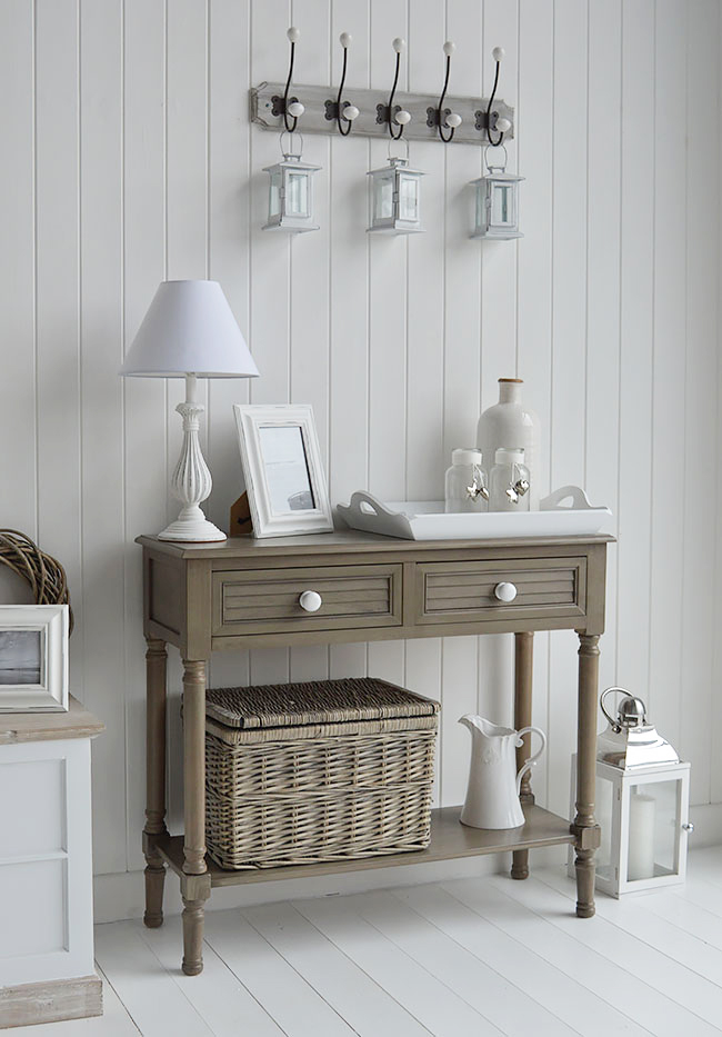 Newport French Grey Console Table for hall furniture in New England style homes 