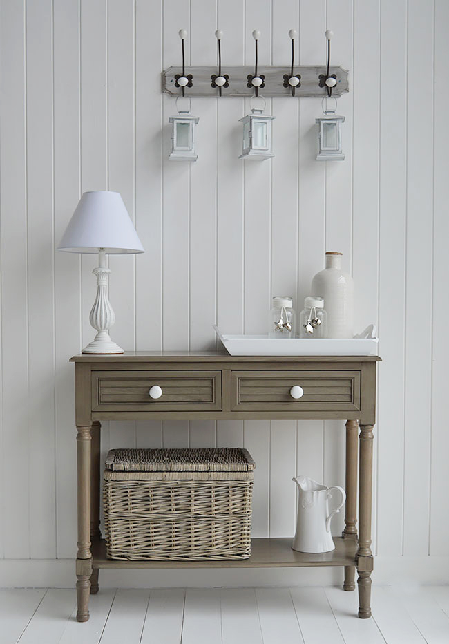 Newport French Grey Console Table for hall furniture on New England decorated homes