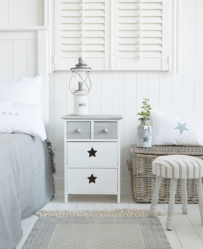 Plymouth wooden cabinet with four drawers in white and grey with cut out star decor from The White Lighthouse for hallway, bedroom and living room furniture. New England country, coastal and city white furniture
