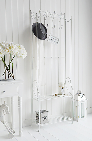 St Malo white freestanding coat rack with shelves