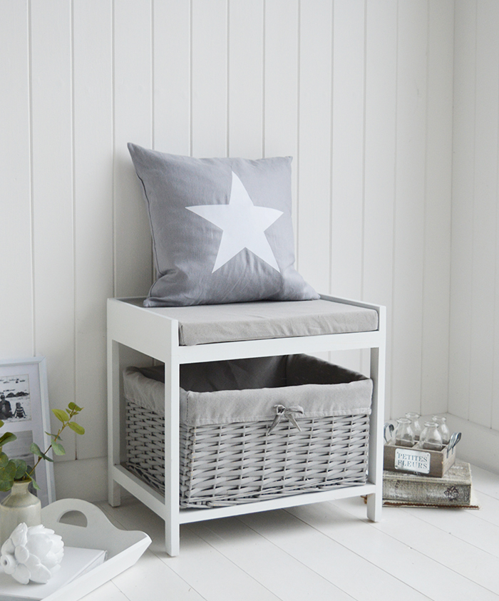 Plymouth White and Grey Storage Seat with basket