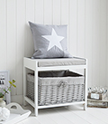Plymouth white and grey storage seat with large basket perfect for shoe storage