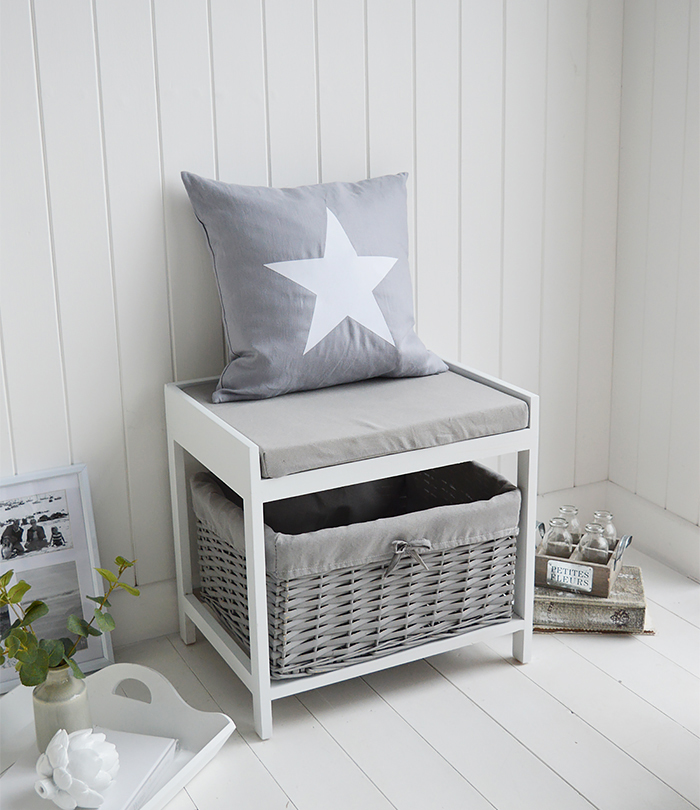 White and Grey small Storage seat from The White Lighthouse with cushion and large basket