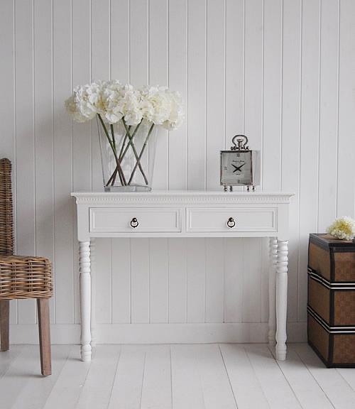 New England white console table  with two drawers for hall storage with antique brass handles