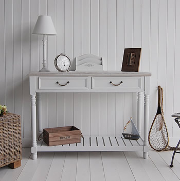 Provence white hall furniture console table with wood top, shelf and drawers