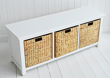 White Storage Bench for window seat in living room interiors