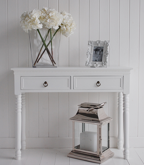 A white hall table from the New England range. Looks great in all styles of homes, from Georgian London homes to beach houses