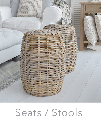 Seats or stools for New England living room and under consoles in the hall . Extra seating or side tables for modern country, coastal and coastal homes and interiors