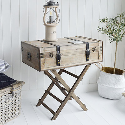 Deerfield wooden suitcase table for New England furniture for homes in the country, by the coast and in the city