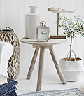 Driftwood rustic side table for coastal New England hall furniture