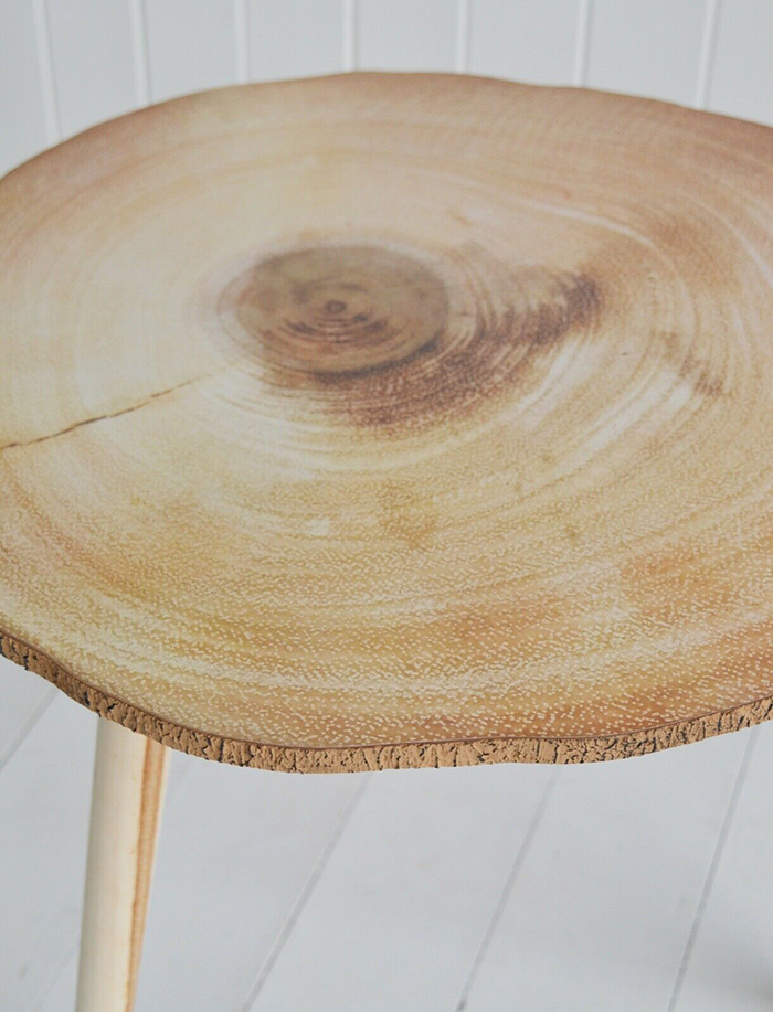Hartford scandi nordic style side lamp table clos up of sliced tree trunk effect top