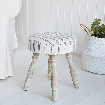 Long Island Blue ticking foot stool New England country and coastal styles interiors