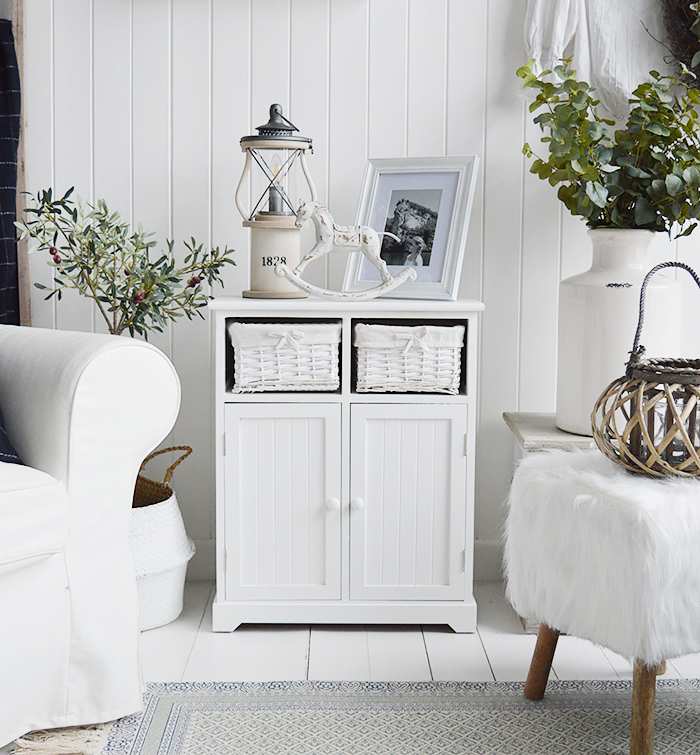White furniture for the living room. Maine white sideboard with large cupboard and two basket drawers for New England, country and coastal furniture