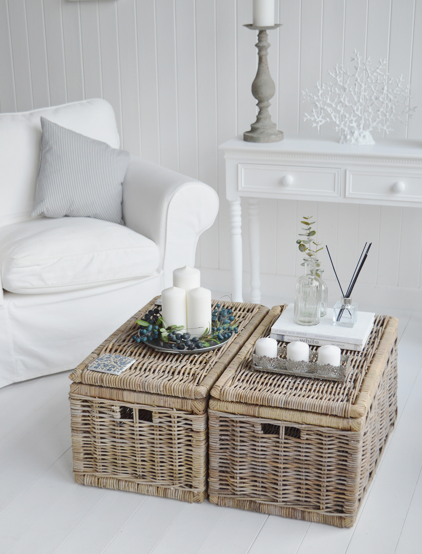 A set of the two small seaside baskets for a large storage coffee table for New England modern country, coastal and farmhouse furniture and interiors