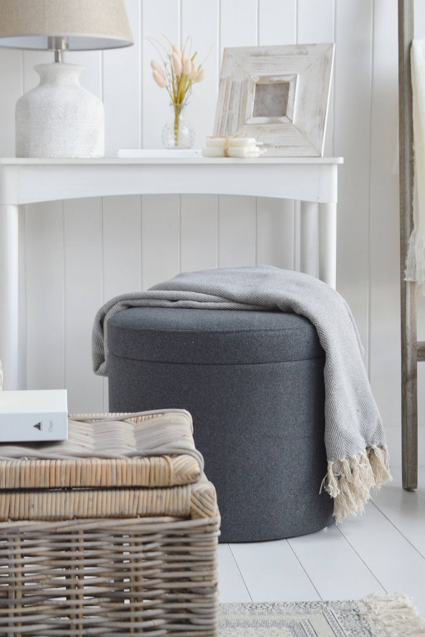 Westhampton grey storage soft storage footstool coffee table for living room furniture from The White Lighthouse. Bathroom, Living Room, Bedroom and Hallway Furniture for beautiful homes. Coastal, New England and country interiors