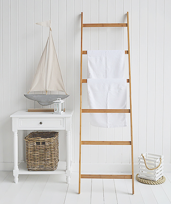 Bamboo wooden towel ladder in the bathroom
