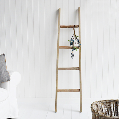 Driftwood Ladder - blankets, towels, wooden ladders from The White Lighthouse Furniture for New England interiors. Perfectly suited for coastal, modern farmhouse and country neutral interiors