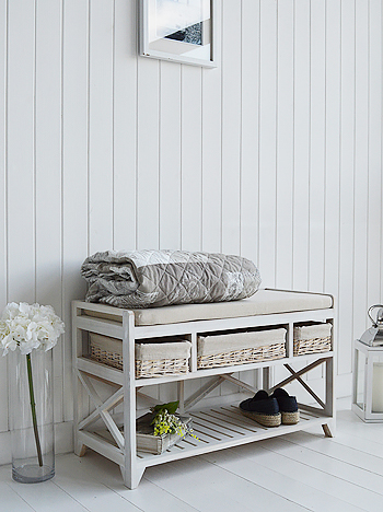 Cape Cod white wash shoe storage bench in hall from The White Lighthouse Hallway Furniture