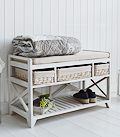 Cape Cod Hall Storage Bench with baskets and cushion - New England Coastal White Furniture