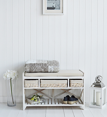 Cape Cod white wash hallway shoe storage bench with baskets and cushion