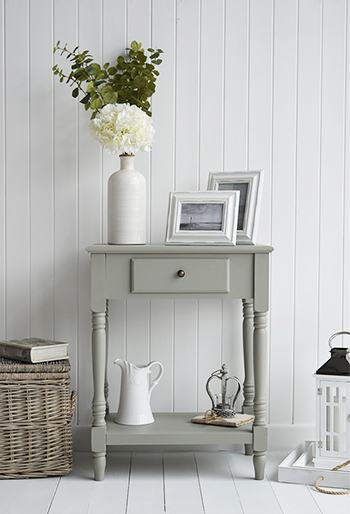 Charleston grey table for grey and white interiors. Bedroom, living room and hallway furniture