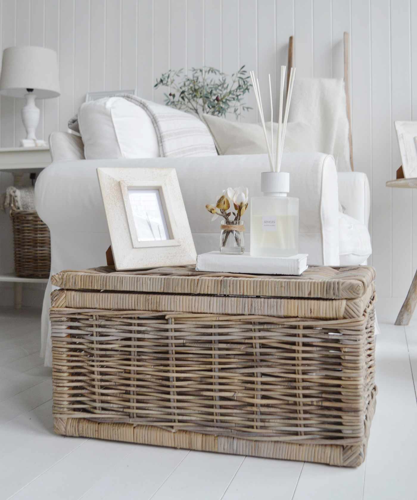 The coastal Seaside basket as a side table with storage for modern farmhouse, country and coastal homes and interiors