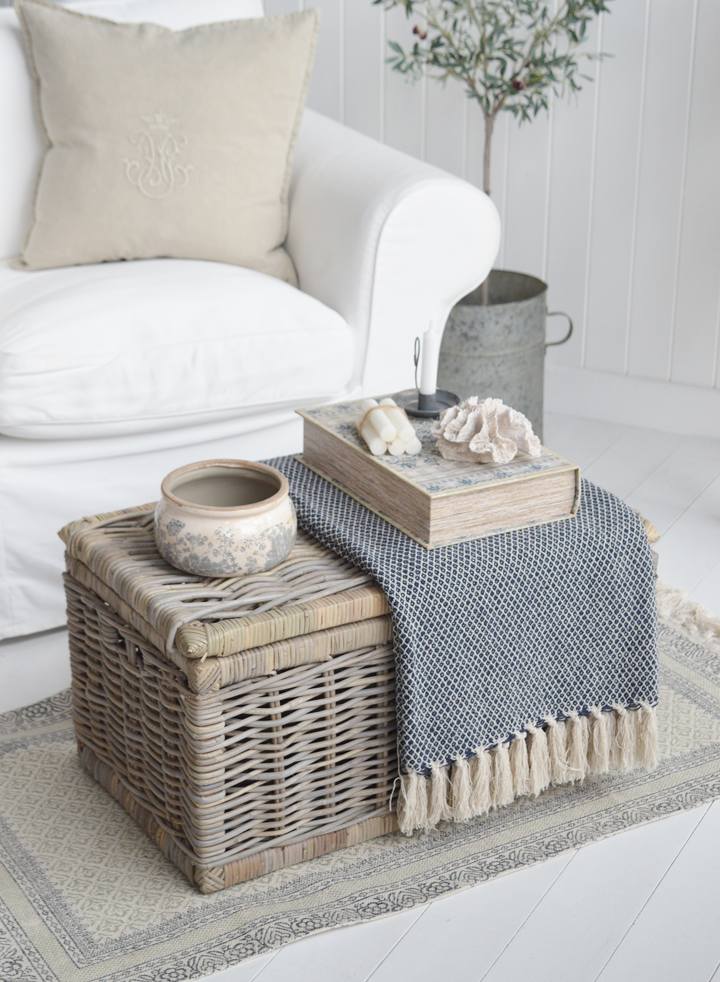 Willow storage coffee table for New Engladn Interiors. Coastal, modern country and farmhouse furniture and home decor