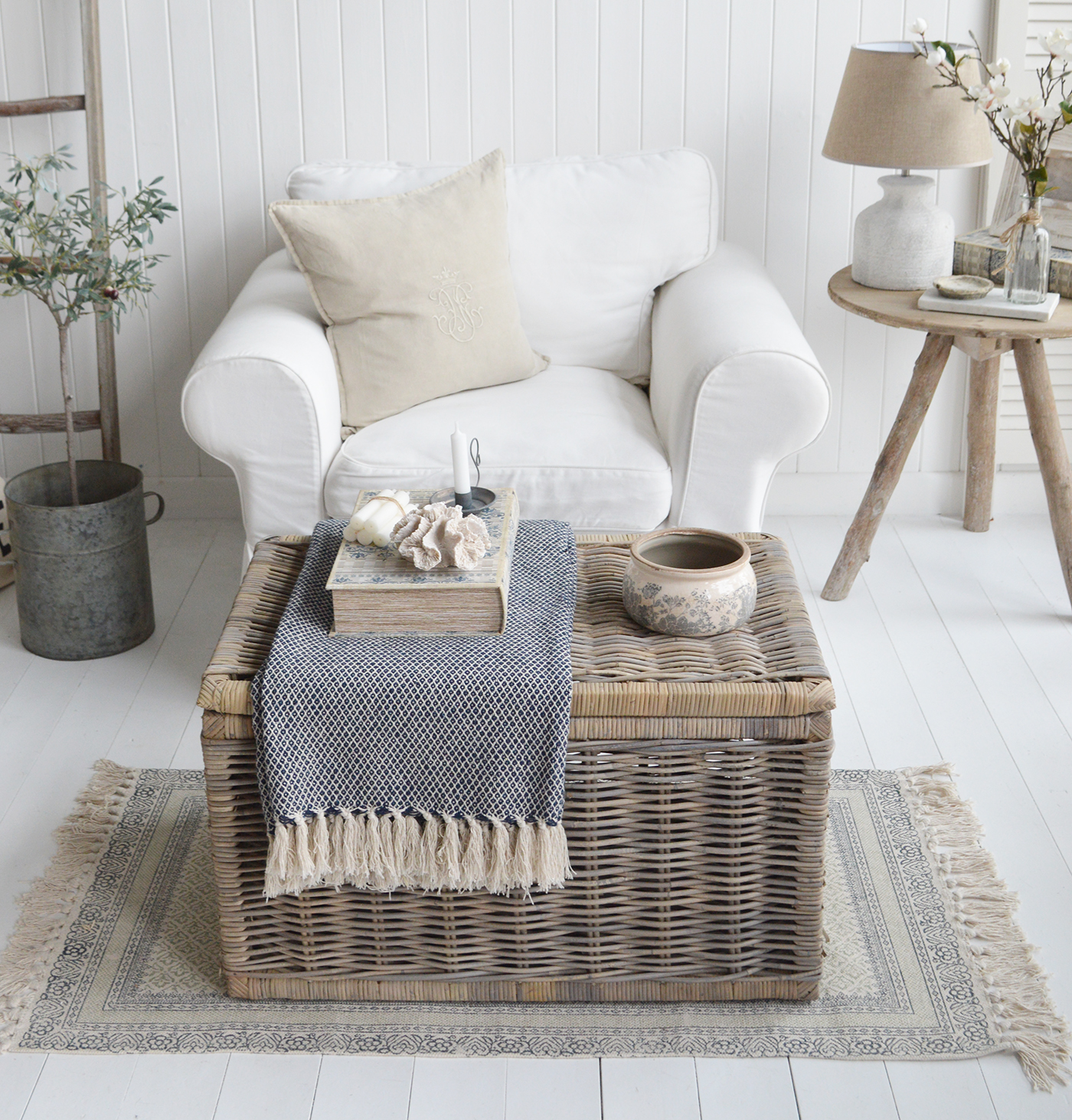 Wicker storage coffee table for New Engladn Interiors. Coastal, modern country and farmhouse furniture and home decor