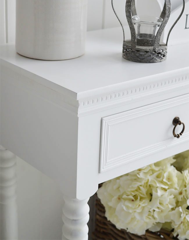 Close up of New England white furniture