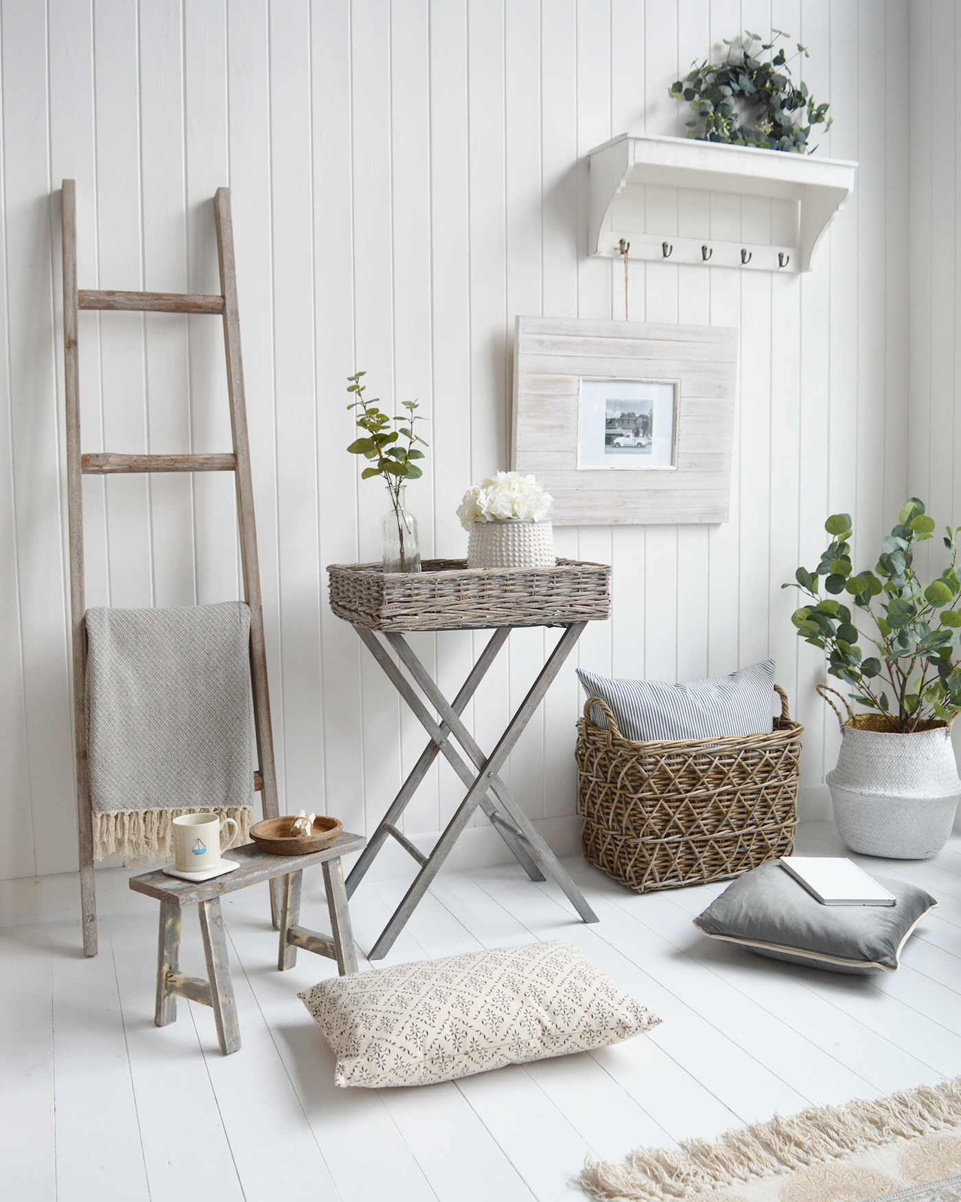The White Lighthouse  furniture. The Cornwall grey willow folding side table, ideal for bedside, or living room lamp table. Bathroom, Living Room, Bedroom and Hallway Furniture for beautiful homes. Furniture for New England, country farm house and coastal styled home interiors