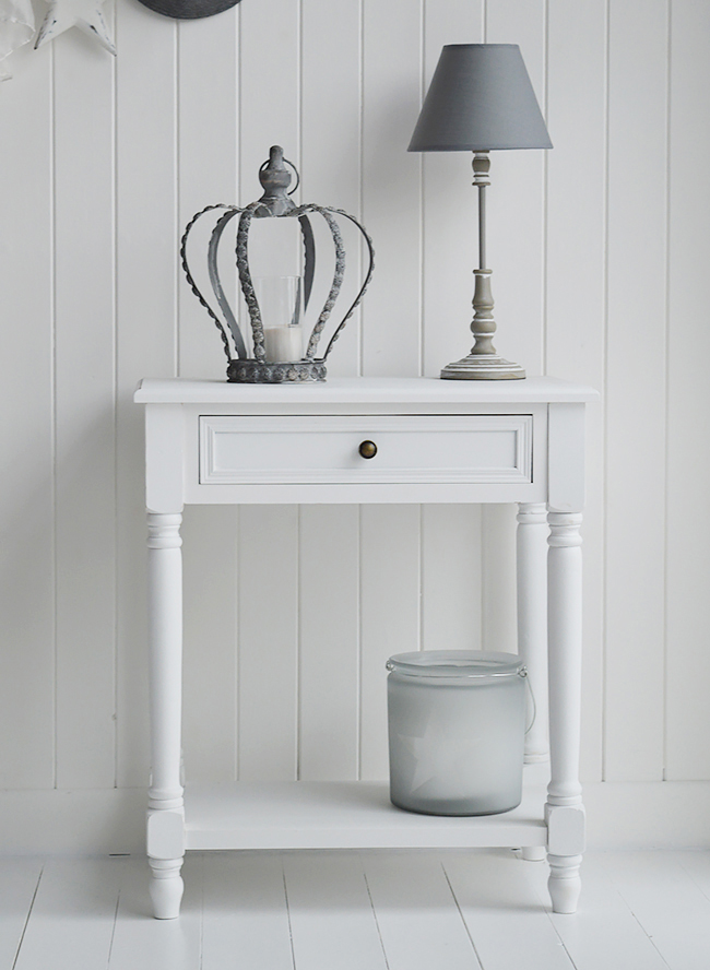 Cove Bay small white console table with storage drawer and shelf in hallway