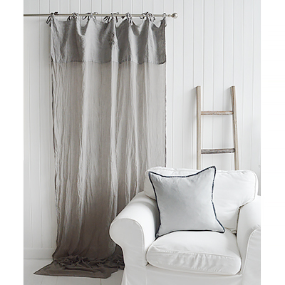 Grey linen curtain with monogram for the bright and airy look of New England interiors for country, coastal and modern farmhouse homes. Furniture, soft furnishings and home decor accessories