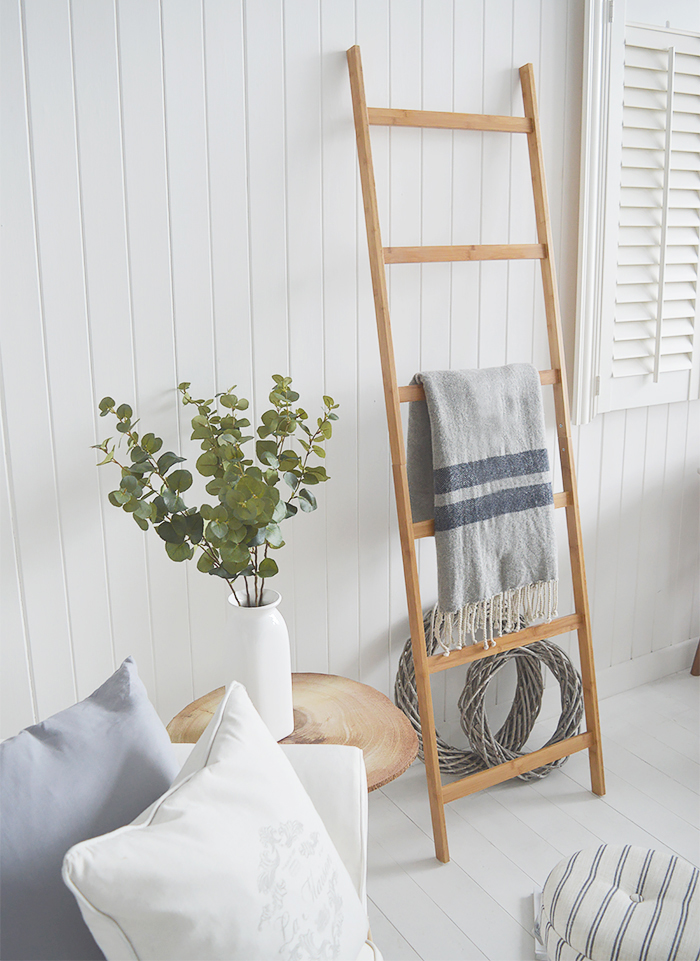 Bamboo Blanket Ladder for living room furniture in Coastal, Country, New England and Scandinavian styled home interiors