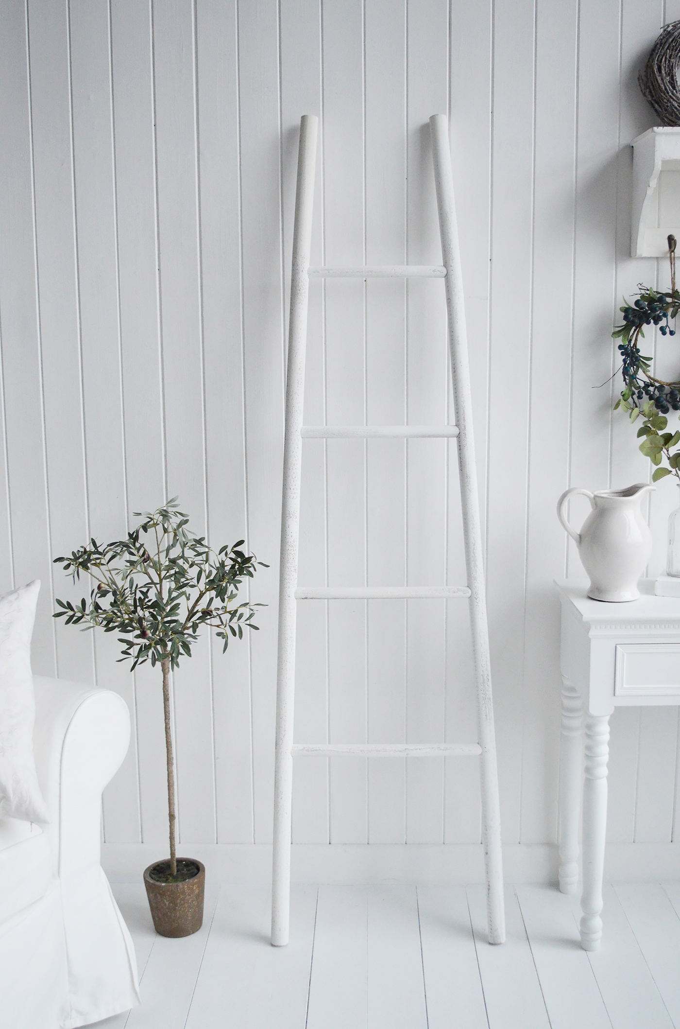 Provincetown Rustic White Blanket Ladder. White and Coastal furniture and accessories for the kitchen. Bathroom, Living Room, Bedroom and Hallway Furniture for beautiful homes