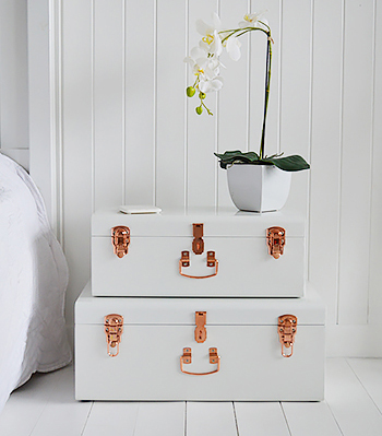White vintage suitcase nantucket bedside table