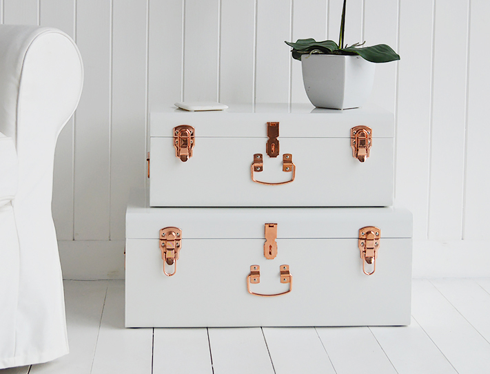 White and rose gold trunks for bedside table white bedroom furniture