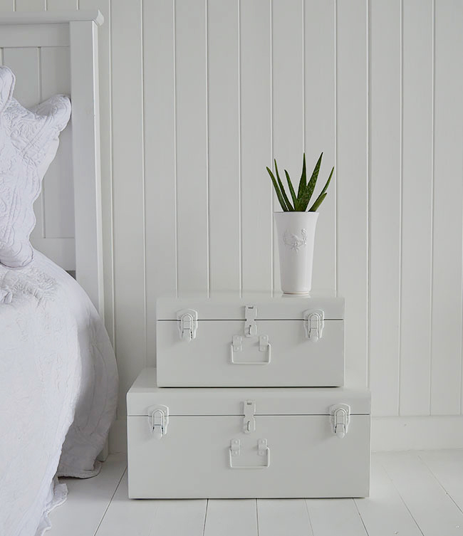 Nantucket white vintage trunk suitcases for bedside table