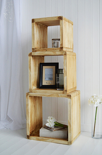 The wooden set of three cubes for display  for gorgeous coastal and New England furniture