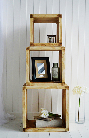Driftwood coloured shelves, three cubes for displaying your favourite photos and home decor pieces in a coastal, New England or country style home interior