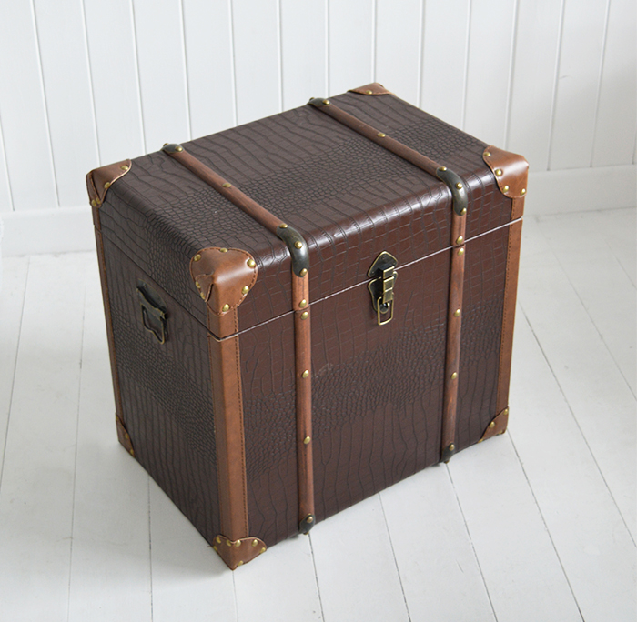 Panama vintage style trunk as a bedside table in New England country and coastal homes