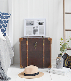 Panama vintage style trunk as a bedside table in New England country and coastal homes